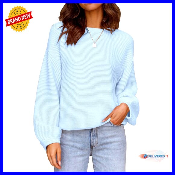Sweaters - Ribbed Knit Pullover Sweater Oversized Lantern Sleeves Chic Casual Tops